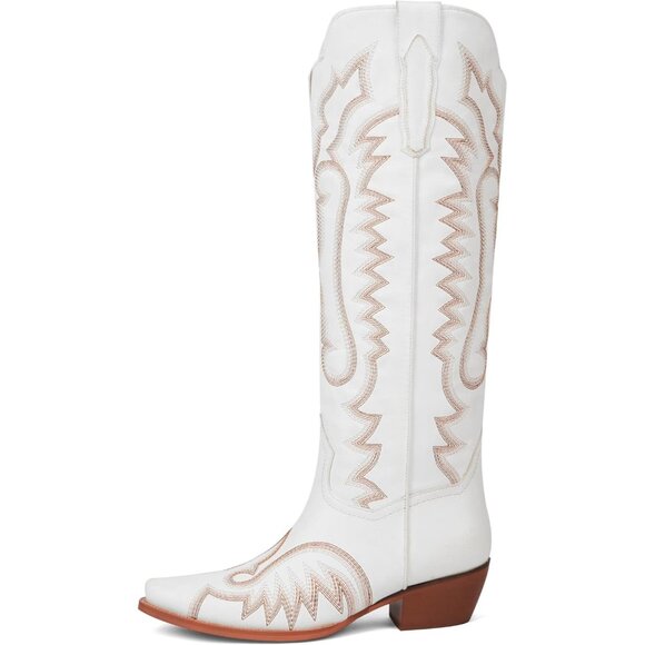 Women's White Western Cowboy Boots Knee High Chunky Heel Embroidery Boots - Picture 6 of 7